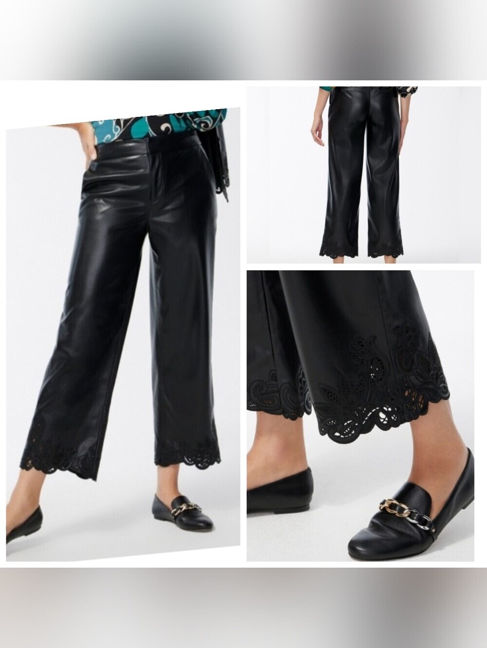 Chico’s Black Faux Leather Cropped Wide Leg Pants Embroidered Hem‎ Size 1 US 8